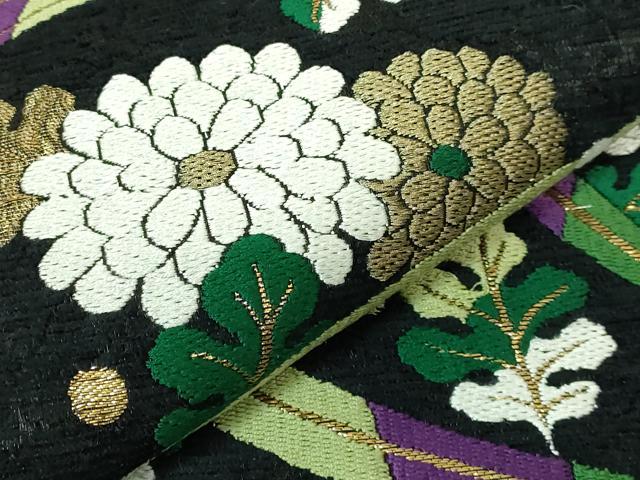平和屋着物●極上　人形作家・ホリヒロシ　六通柄袋帯　唐織　菊　露草　ビロード　黒地　金糸　上代39万　逸品　DZAB3991kh6