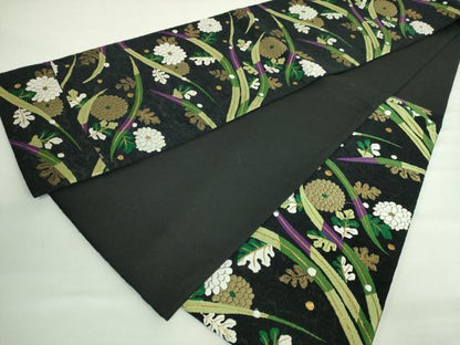 平和屋着物●極上　人形作家・ホリヒロシ　六通柄袋帯　唐織　菊　露草　ビロード　黒地　金糸　上代39万　逸品　DZAB3991kh6