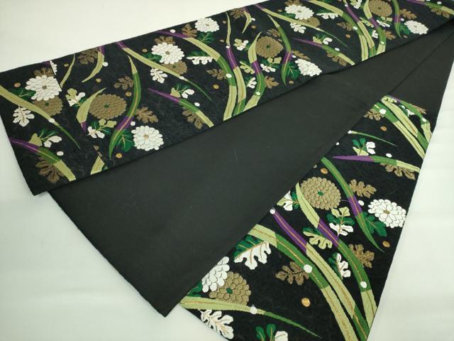 平和屋着物●極上　人形作家・ホリヒロシ　六通柄袋帯　唐織　菊　露草　ビロード　黒地　金糸　上代39万　逸品　DZAB3991kh6