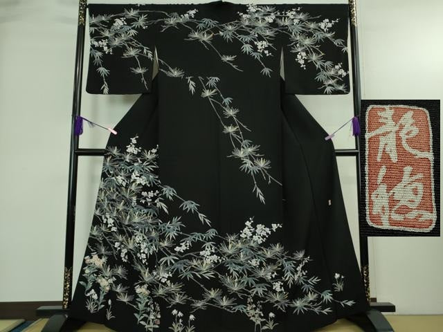 平和屋本店●極上　十日町友禅作家　林静穂　訪問着　松竹梅　四季花文　黒地　逸品　DZAB4001kh6