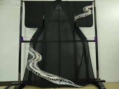 平和屋本店＊極上　夏物　創業460年・千總　訪問着　流水花文　工字繋ぎ紋紗　濃藍色地　金彩　松坂屋扱い　逸品　DZAB4006kh6