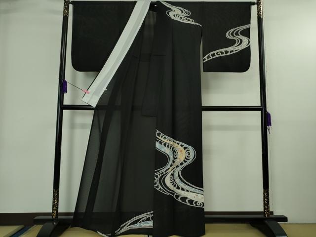平和屋本店＊極上　夏物　創業460年・千總　訪問着　流水花文　工字繋ぎ紋紗　濃藍色地　金彩　松坂屋扱い　逸品　DZAB4006kh6