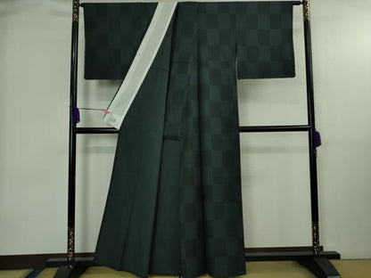 平和屋着物▽極上　洗える最高級着物　＜英＞はなぶさ謹製　小紋　単衣　市松文様　黒色×蝉色　逸品　未使用　DZAB4010kh6