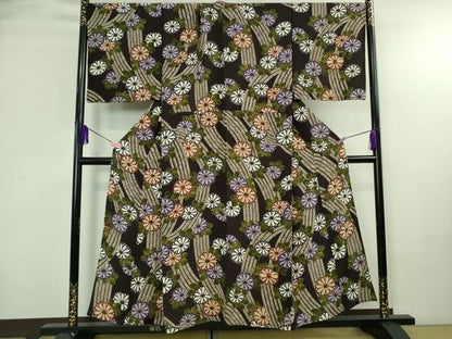 平和屋本店▽極上　男性　摺型友禅　京都　多ち花　小紋　単衣　キングサイズ　流水花文　紫黒色地　鬼しぼ縮緬　逸品　DZAB4014kh6