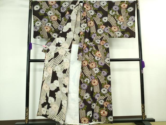 平和屋本店▽極上　男性　摺型友禅　京都　多ち花　小紋　単衣　キングサイズ　流水花文　紫黒色地　鬼しぼ縮緬　逸品　DZAB4014kh6