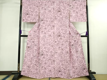 平和屋本店●極上　小紋　蜘蛛　蜘蛛の巣　薔薇　バラ　撫子色　縮緬地　逸品　未使用　DZAB4016kh6