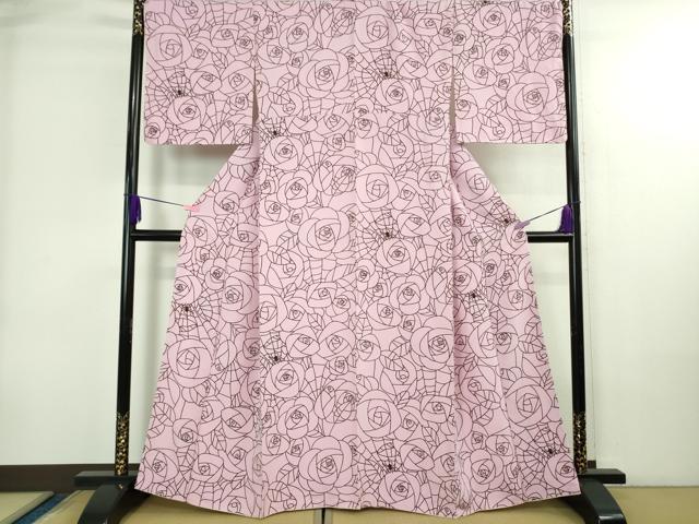 平和屋本店●極上　小紋　蜘蛛　蜘蛛の巣　薔薇　バラ　撫子色　縮緬地　逸品　未使用　DZAB4016kh6