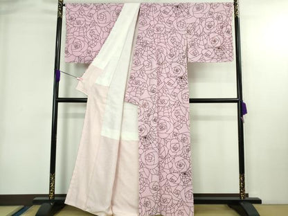 平和屋本店●極上　小紋　蜘蛛　蜘蛛の巣　薔薇　バラ　撫子色　縮緬地　逸品　未使用　DZAB4016kh6