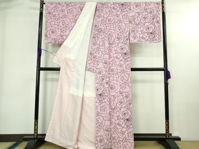 平和屋本店●極上　小紋　蜘蛛　蜘蛛の巣　薔薇　バラ　撫子色　縮緬地　逸品　未使用　DZAB4016kh6