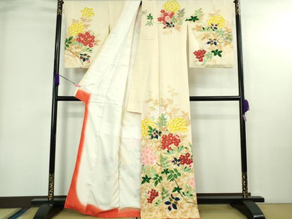 平和屋本店●極上　本加賀友禅作家　三口章　訪問着　枝花文　鳥の子色地　暈し染め　逸品　DZAB4017kh6