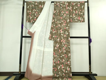 平和屋本店●極上 和染紅型 栗山紅型 栗山吉三郎 小紋 いろは唄 江戸鼠色地 鬼しぼ縮緬 反端付き 逸品 DZAB4022kh6