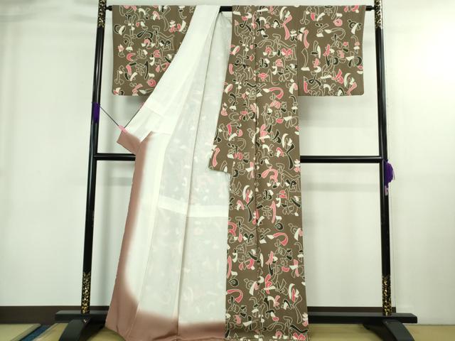 平和屋本店●極上 和染紅型 栗山紅型 栗山吉三郎 小紋 いろは唄 江戸鼠色地 鬼しぼ縮緬 反端付き 逸品 DZAB4022kh6