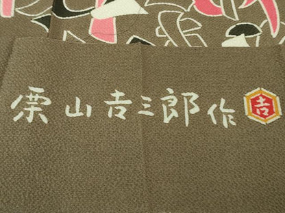 平和屋本店●極上 和染紅型 栗山紅型 栗山吉三郎 小紋 いろは唄 江戸鼠色地 鬼しぼ縮緬 反端付き 逸品 DZAB4022kh6
