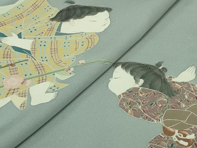 平和屋本店●極上　加賀友禅の巨匠　初代　由水十久　訪問着　童子遊び　秘色色地　逸品　未使用　DZAB4023kh6