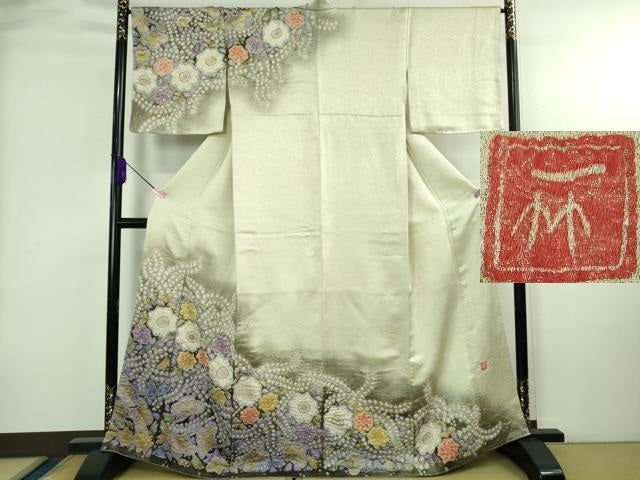 平和屋本店●最高級　初代　久保田一竹　幻の辻が花　訪問着　絞り　辻が花15個　砂色地　暈し染め　銀通し地　逸品　DZAB4026kh6