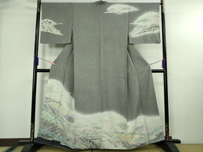 平和屋着物●極上　中国三大刺繍　相良刺繍　訪問着　おぼろ染め　襲絞り　鼠色地　暈し染め　銀通し地　逸品　DZAB4029kh6