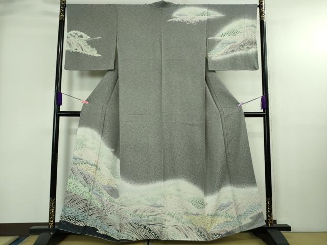 平和屋着物●極上　中国三大刺繍　相良刺繍　訪問着　おぼろ染め　襲絞り　鼠色地　暈し染め　銀通し地　逸品　DZAB4029kh6