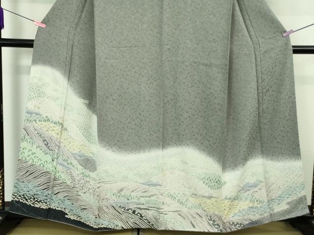 平和屋着物●極上　中国三大刺繍　相良刺繍　訪問着　おぼろ染め　襲絞り　鼠色地　暈し染め　銀通し地　逸品　DZAB4029kh6
