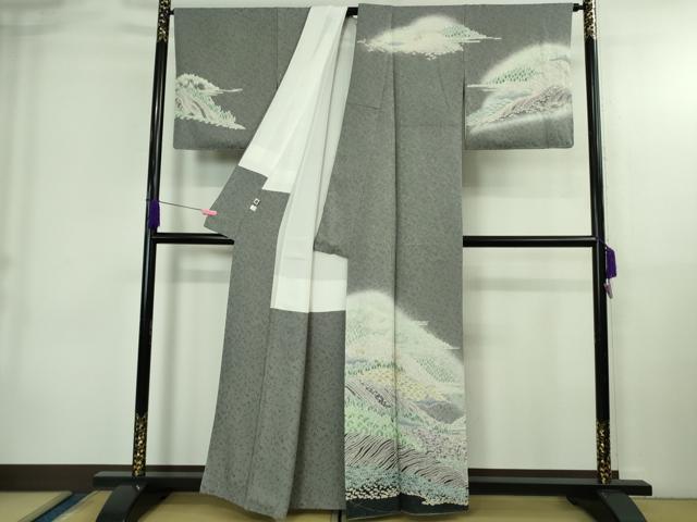 平和屋着物●極上　中国三大刺繍　相良刺繍　訪問着　おぼろ染め　襲絞り　鼠色地　暈し染め　銀通し地　逸品　DZAB4029kh6