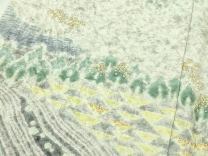 平和屋着物●極上　中国三大刺繍　相良刺繍　訪問着　おぼろ染め　襲絞り　鼠色地　暈し染め　銀通し地　逸品　DZAB4029kh6