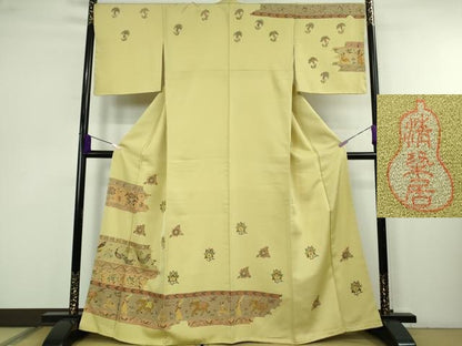 平和屋本店●極上　名門・上野家　上野街子　清染居　訪問着　人物鳥獣花文　淡黄色地　金通し地　逸品　未使用　DZAB4030kh6