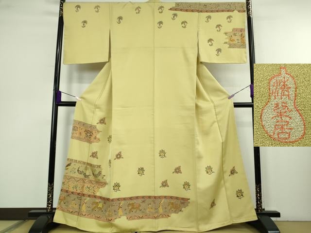 平和屋本店●極上　名門・上野家　上野街子　清染居　訪問着　人物鳥獣花文　淡黄色地　金通し地　逸品　未使用　DZAB4030kh6