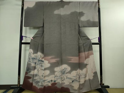 平和屋本店●極上 訪問着 作家物 本藍 鳥獣戯画 手描き 暈し染め 藤煤竹色地 逸品 DZAB4032kh6