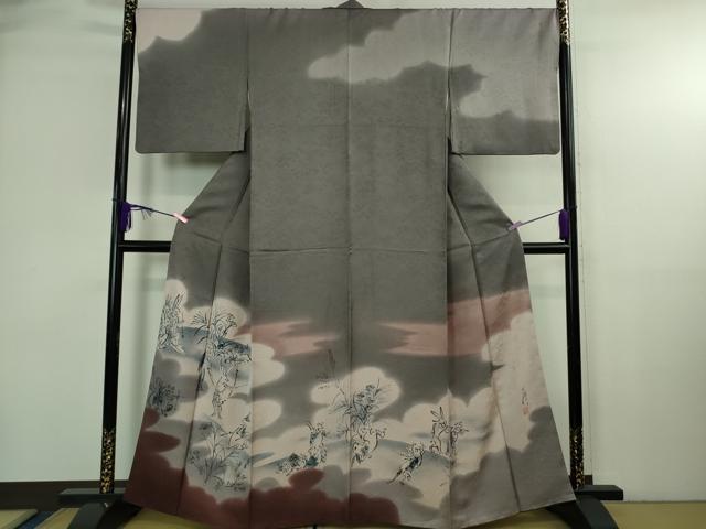 平和屋本店●極上 訪問着 作家物 本藍 鳥獣戯画 手描き 暈し染め 藤煤竹色地 逸品 DZAB4032kh6