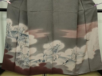 平和屋本店●極上 訪問着 作家物 本藍 鳥獣戯画 手描き 暈し染め 藤煤竹色地 逸品 DZAB4032kh6