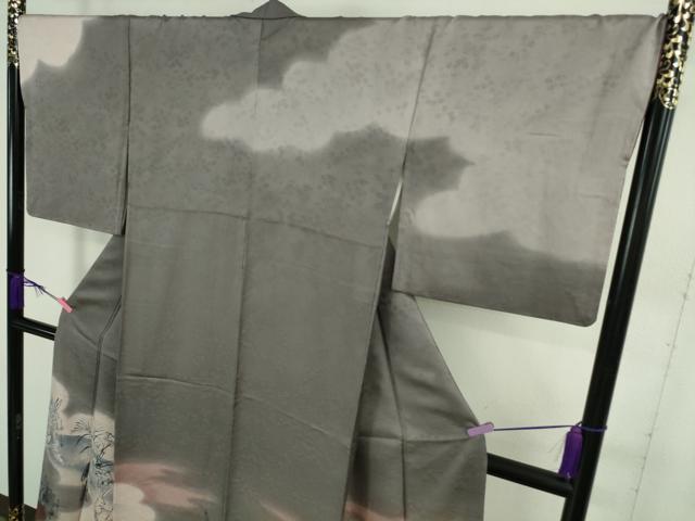 平和屋本店●極上 訪問着 作家物 本藍 鳥獣戯画 手描き 暈し染め 藤煤竹色地 逸品 DZAB4032kh6