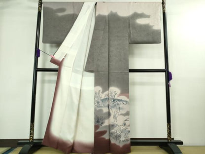 平和屋本店●極上 訪問着 作家物 本藍 鳥獣戯画 手描き 暈し染め 藤煤竹色地 逸品 DZAB4032kh6