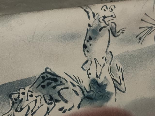 平和屋本店●極上 訪問着 作家物 本藍 鳥獣戯画 手描き 暈し染め 藤煤竹色地 逸品 DZAB4032kh6