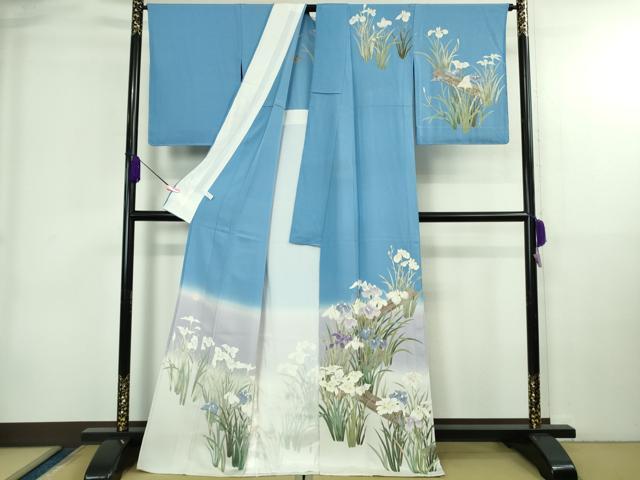 平和屋本店▽極上　名門染元　秀美　十日町友禅　訪問着　単衣　杜若　板橋　天色地　暈し染め　逸品　未使用　DZAB4035kh6