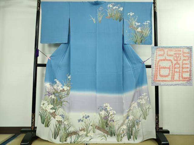 平和屋本店▽極上　名門染元　秀美　十日町友禅　訪問着　単衣　杜若　板橋　天色地　暈し染め　逸品　未使用　DZAB4035kh6