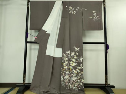 平和屋本店●極上　京加賀友禅　百貫石峰　訪問着　草花文　葡萄鼠色地　逸品　DZAB4036kh6