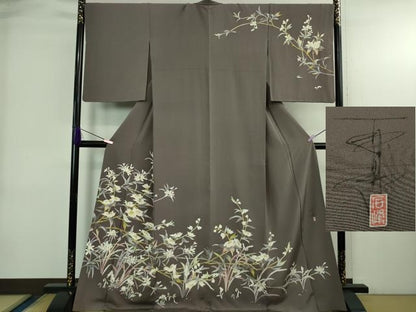 平和屋本店●極上　京加賀友禅　百貫石峰　訪問着　草花文　葡萄鼠色地　逸品　DZAB4036kh6