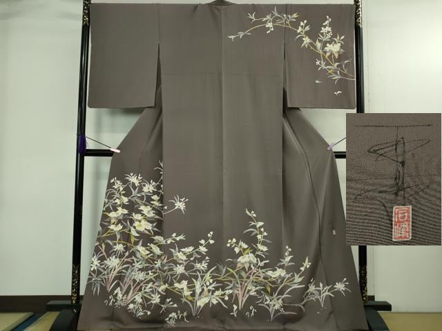 平和屋本店●極上　京加賀友禅　百貫石峰　訪問着　草花文　葡萄鼠色地　逸品　DZAB4036kh6