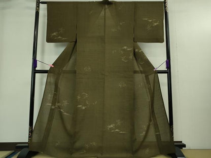 平和屋着物＊極上　夏物　紗紬　鳥獣戯画　海松茶色地　逸品　DZAB4052kh6