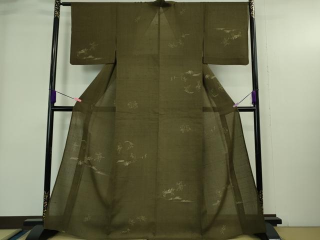 平和屋着物＊極上　夏物　紗紬　鳥獣戯画　海松茶色地　逸品　DZAB4052kh6
