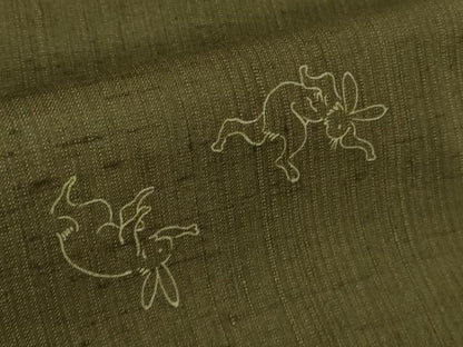 平和屋着物＊極上　夏物　紗紬　鳥獣戯画　海松茶色地　逸品　DZAB4052kh6