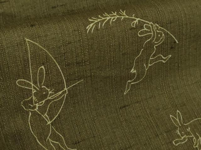 平和屋着物＊極上　夏物　紗紬　鳥獣戯画　海松茶色地　逸品　DZAB4052kh6