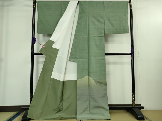 平和屋本店●極上 伝統工芸士 曽根武勇 訪問着 紬地 遠山文 柳煤竹色地 ロング丈 逸品 DZAB4055kh6