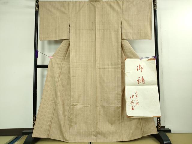 平和屋本店▽極上　伊兵衛織　工芸手織　単衣　縞　反端・たとう紙付き　逸品　未使用　DZAB4089kh6