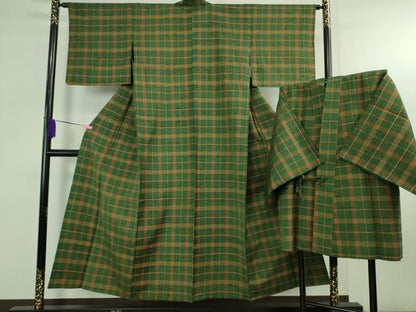 平和屋本店▽希少　ざざんざ織　単衣　アンサンブル　道中着セット　格子　逸品　DZAB4090kh6