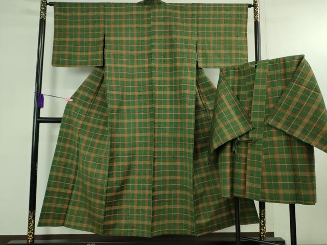 平和屋本店▽希少　ざざんざ織　単衣　アンサンブル　道中着セット　格子　逸品　DZAB4090kh6