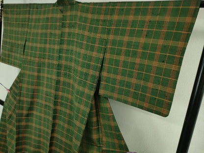 平和屋本店▽希少　ざざんざ織　単衣　アンサンブル　道中着セット　格子　逸品　DZAB4090kh6