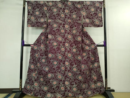 平和屋本店●極上　浦野理一　経節紬　菊唐草文　紫根色地　逸品　DZAB4092kh6