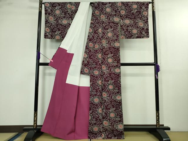 平和屋本店●極上　浦野理一　経節紬　菊唐草文　紫根色地　逸品　DZAB4092kh6