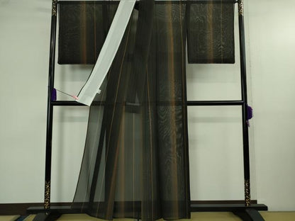 平和屋本店＊希少　夏物　本場黄八丈　夏黄八　黒八丈　伝統工芸士　西條吉広　紗紬　縞　証紙付き　逸品　未使用　DZAB4098kh6