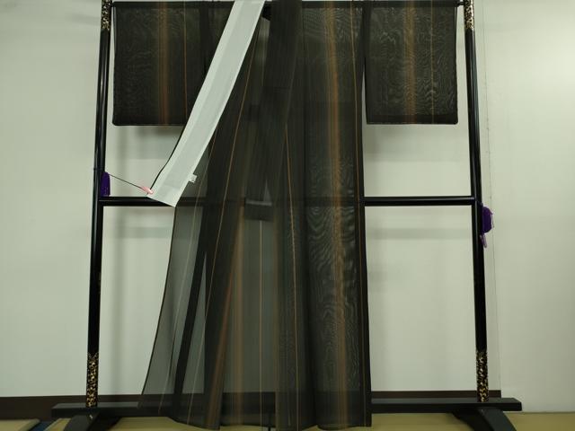 平和屋本店＊希少　夏物　本場黄八丈　夏黄八　黒八丈　伝統工芸士　西條吉広　紗紬　縞　証紙付き　逸品　未使用　DZAB4098kh6